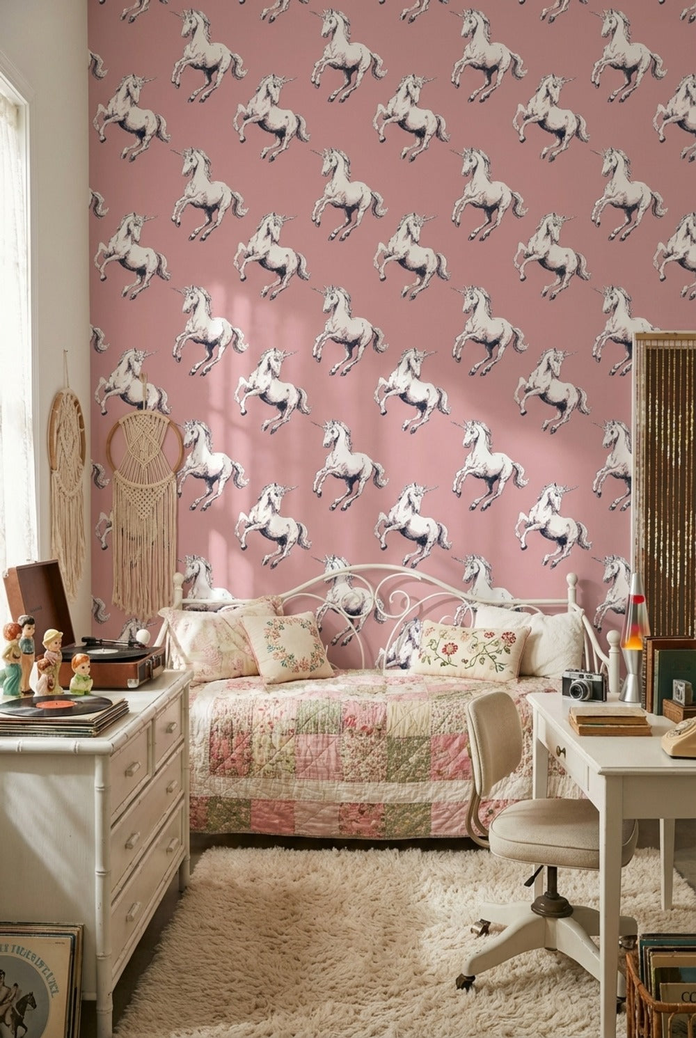 Unicorn Desenli Duvar Kağıdı Pudra Pembe Çocuk Odası