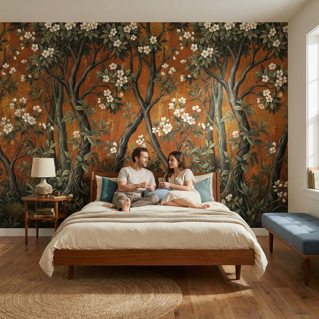 Çiçekli Ağaç Desenli Poster Duvar Kağıdı Tarçın Tonlu Salon
