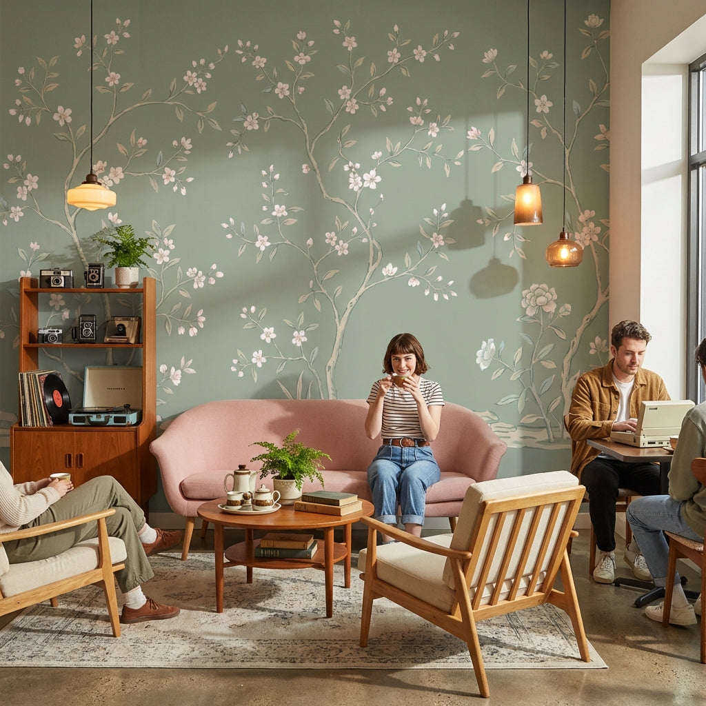 Çiçekli Dallı Poster Duvar Kağıdı Yeşil Salon Duvarı