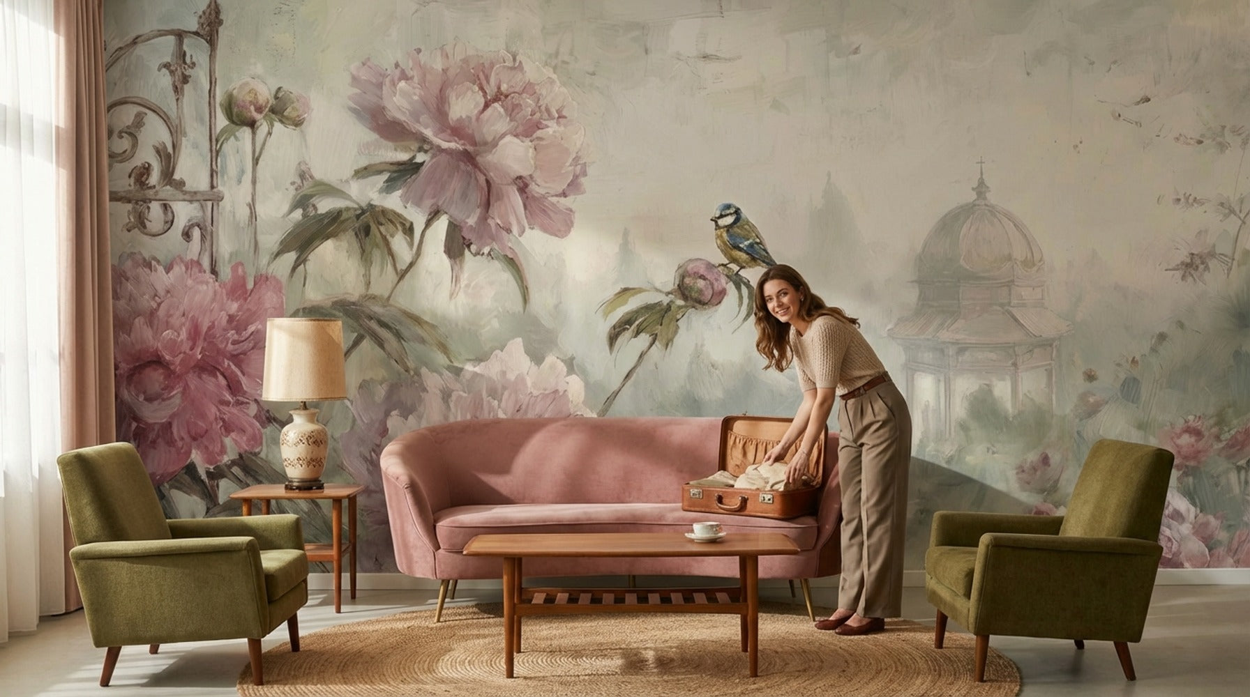 Romantik Şakayık Çiçekli Poster Duvar Kağıdı Pudra Pembe Salon