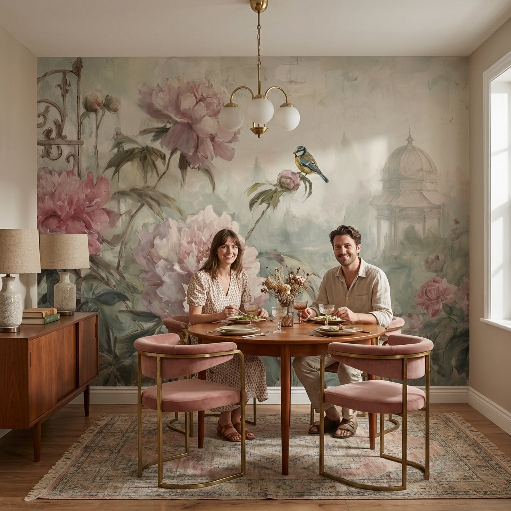 Romantik Şakayık Çiçekli Poster Duvar Kağıdı Pudra Pembe Salon
