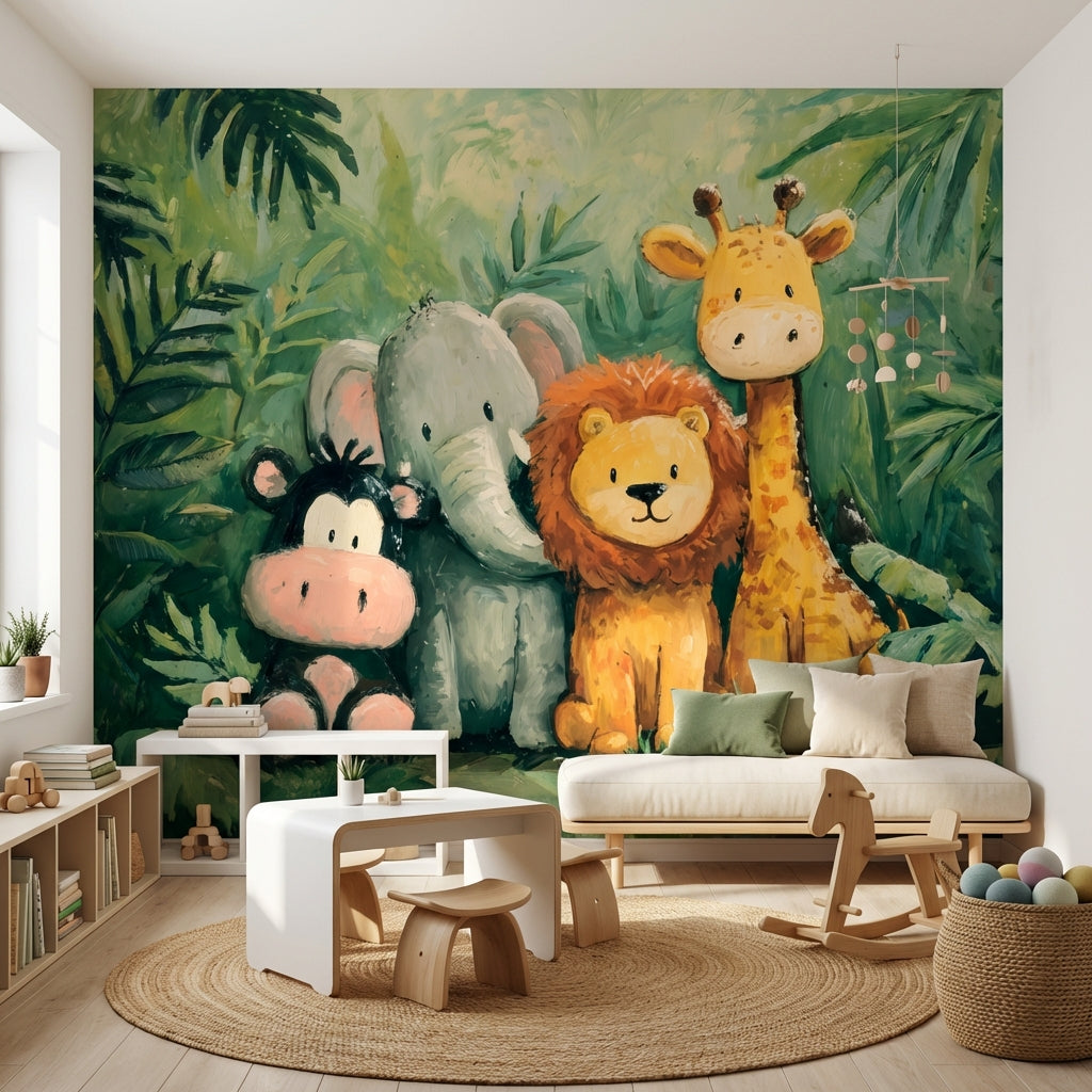 Sevimli Safari Hayvanları Poster Duvar Kağıdı Yeşil Çocuk Odası