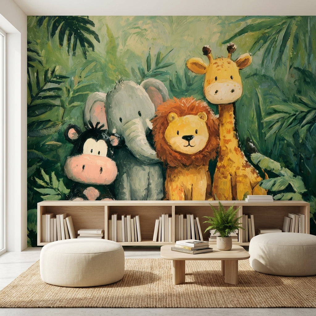 Sevimli Safari Hayvanları Poster Duvar Kağıdı Yeşil Çocuk Odası