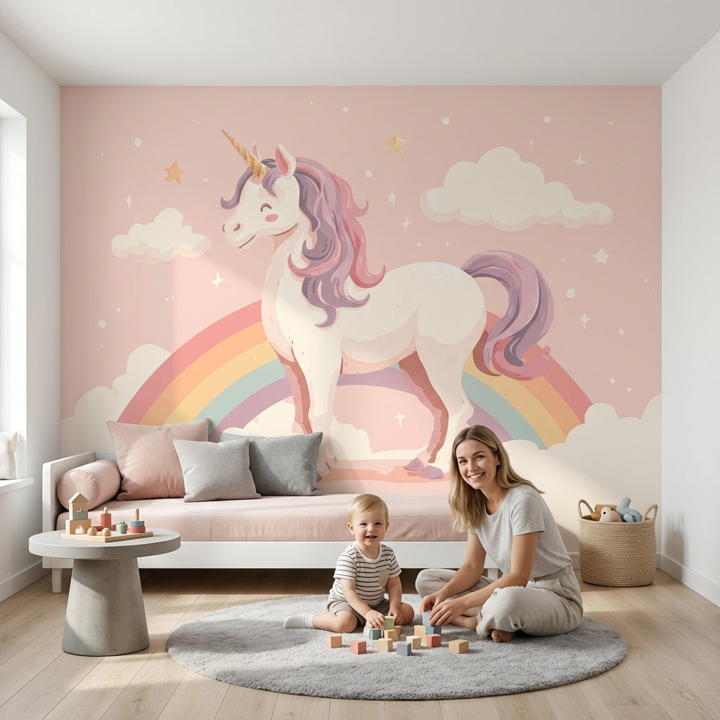 Gökkuşağı ve Unicorn Poster Duvar Kağıdı Pembe Çocuk Odası