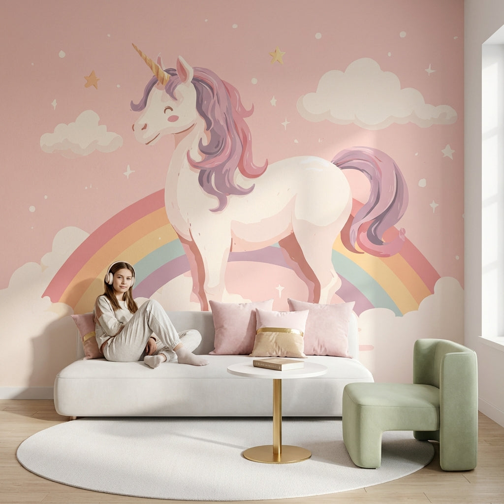 Gökkuşağı ve Unicorn Poster Duvar Kağıdı Pembe Çocuk Odası