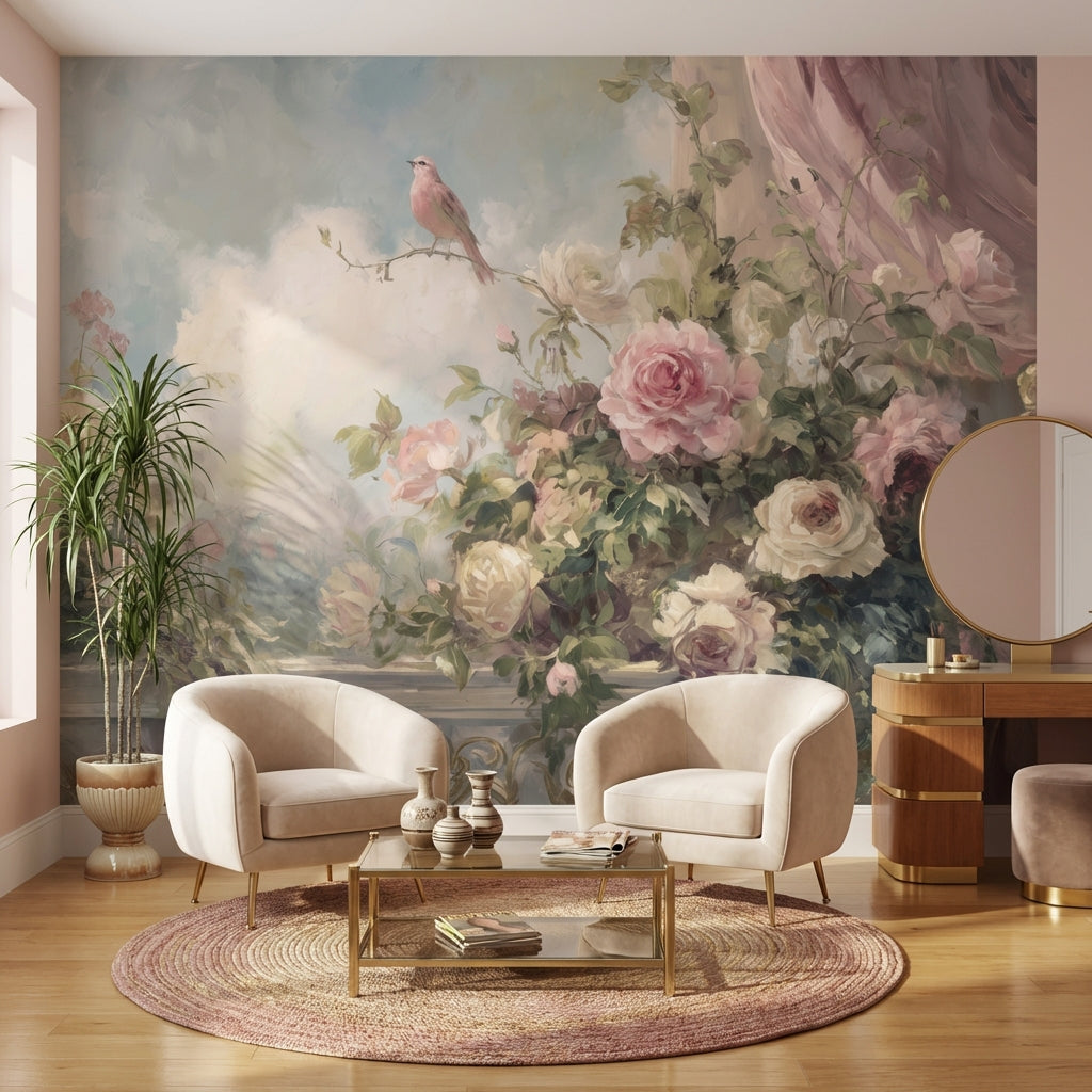Romantik Güllü Kuşlu Poster Duvar Kağıdı Pudra Pembe Salon