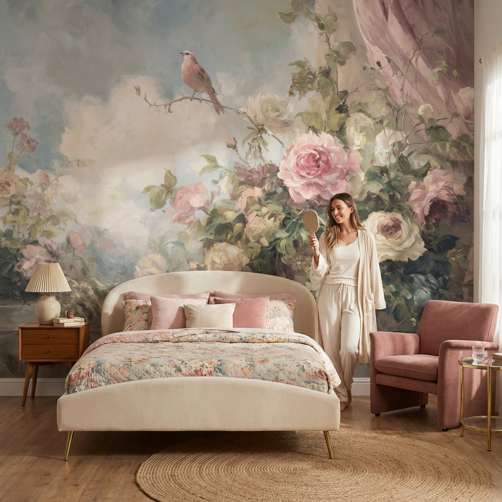 Romantik Güllü Kuşlu Poster Duvar Kağıdı Pudra Pembe Salon