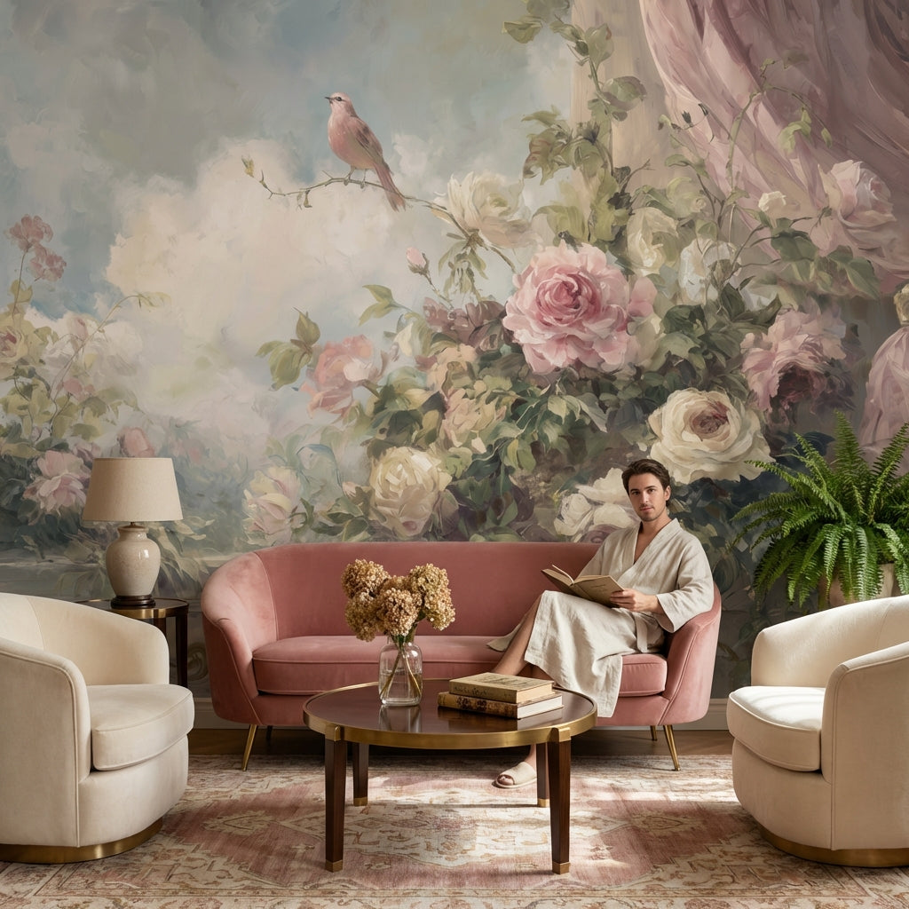 Romantik Güllü Kuşlu Poster Duvar Kağıdı Pudra Pembe Salon