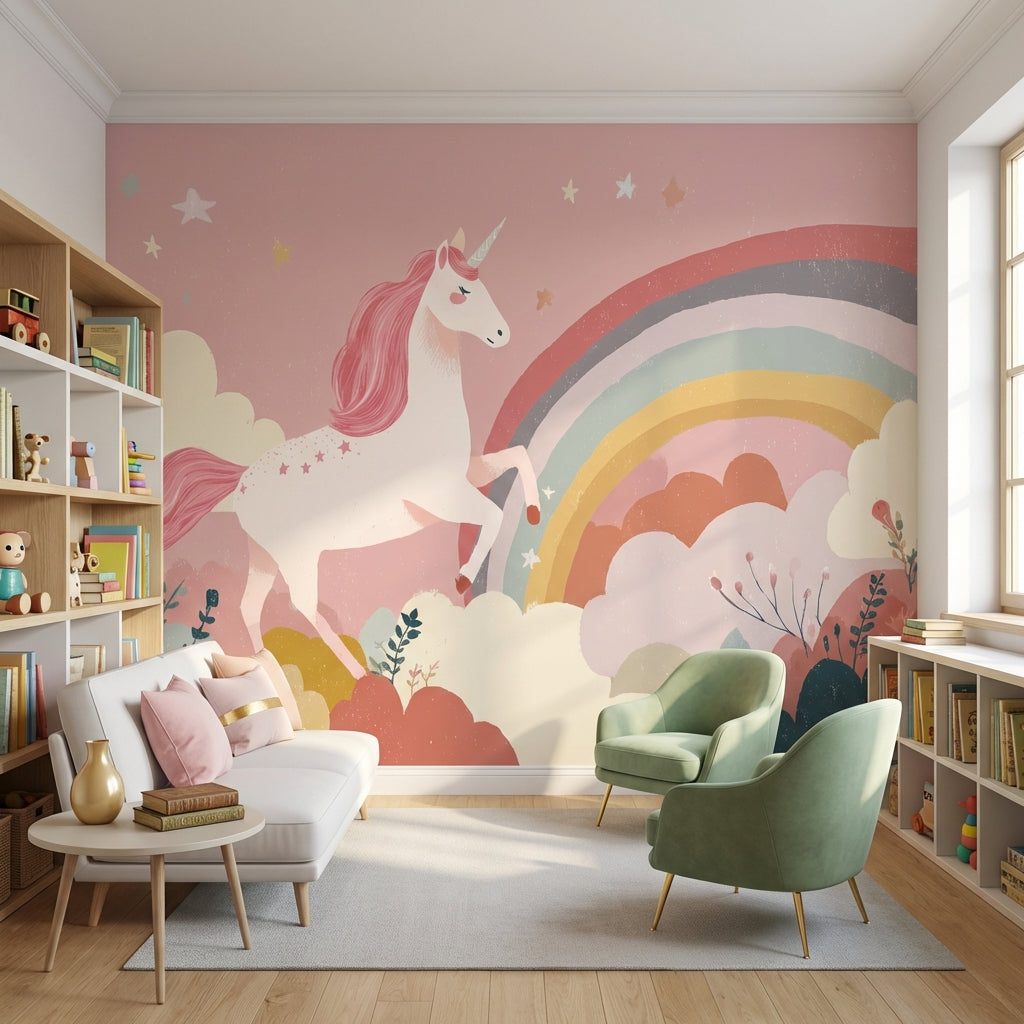 Unicorn Gökkuşağı Poster Duvar Kağıdı Pembe Çocuk Odası