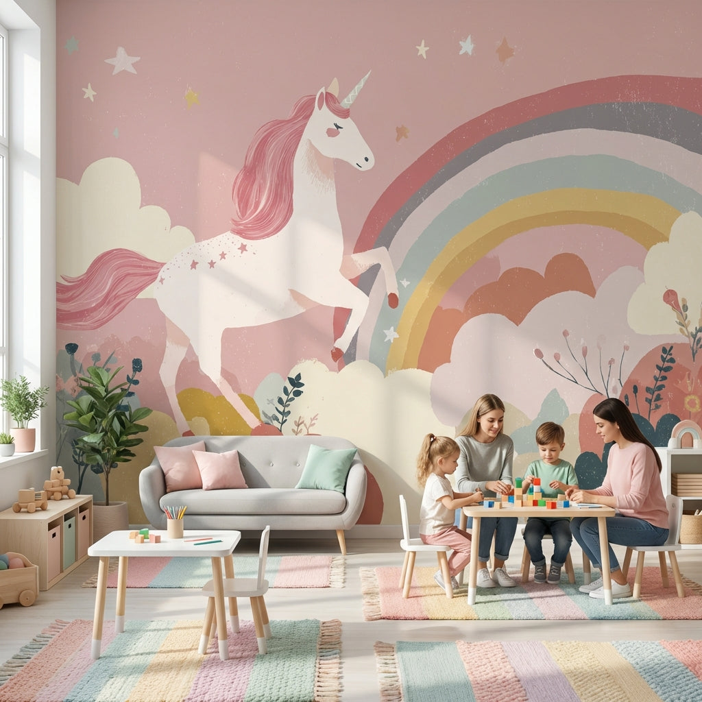 Unicorn Gökkuşağı Poster Duvar Kağıdı Pembe Çocuk Odası