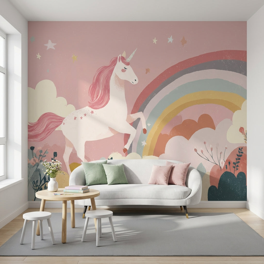 Unicorn Gökkuşağı Poster Duvar Kağıdı Pembe Çocuk Odası