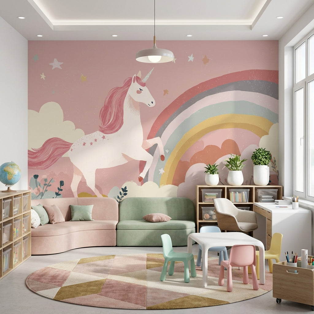 Unicorn Gökkuşağı Poster Duvar Kağıdı Pembe Çocuk Odası
