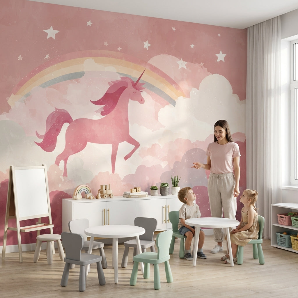 Gökkuşaklı Unicorn Poster Duvar Kağıdı Pembe Çocuk Odası