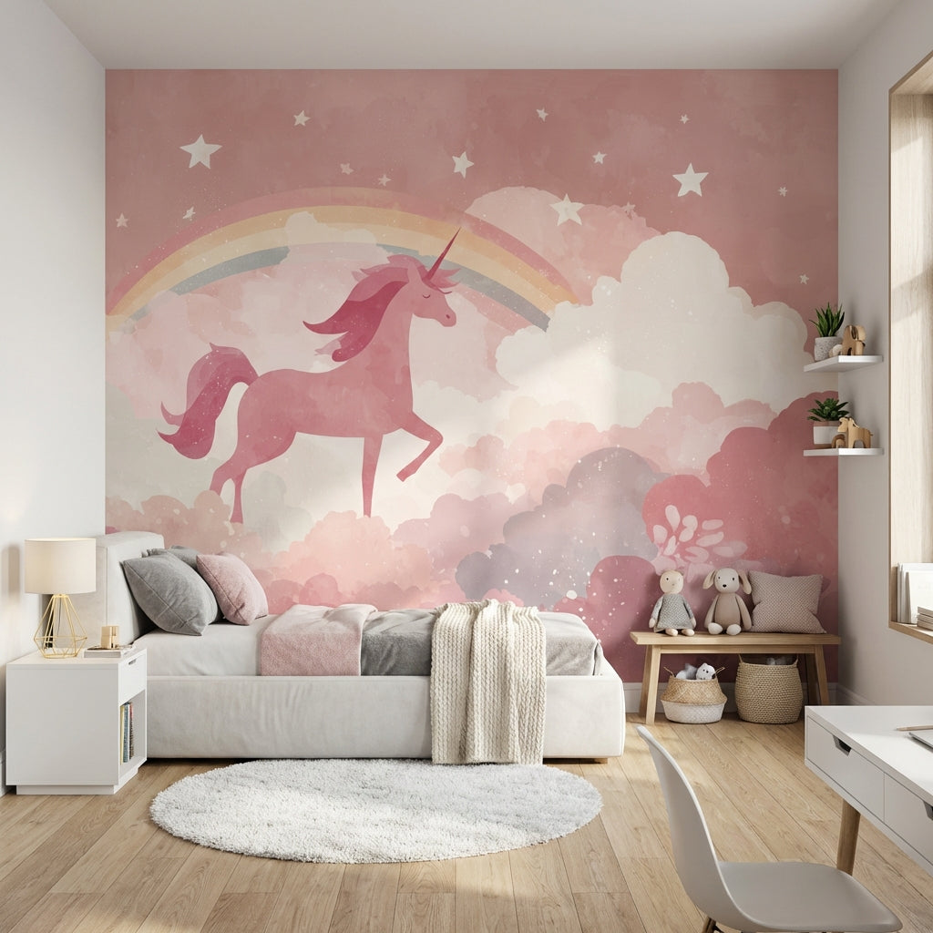 Gökkuşaklı Unicorn Poster Duvar Kağıdı Pembe Çocuk Odası