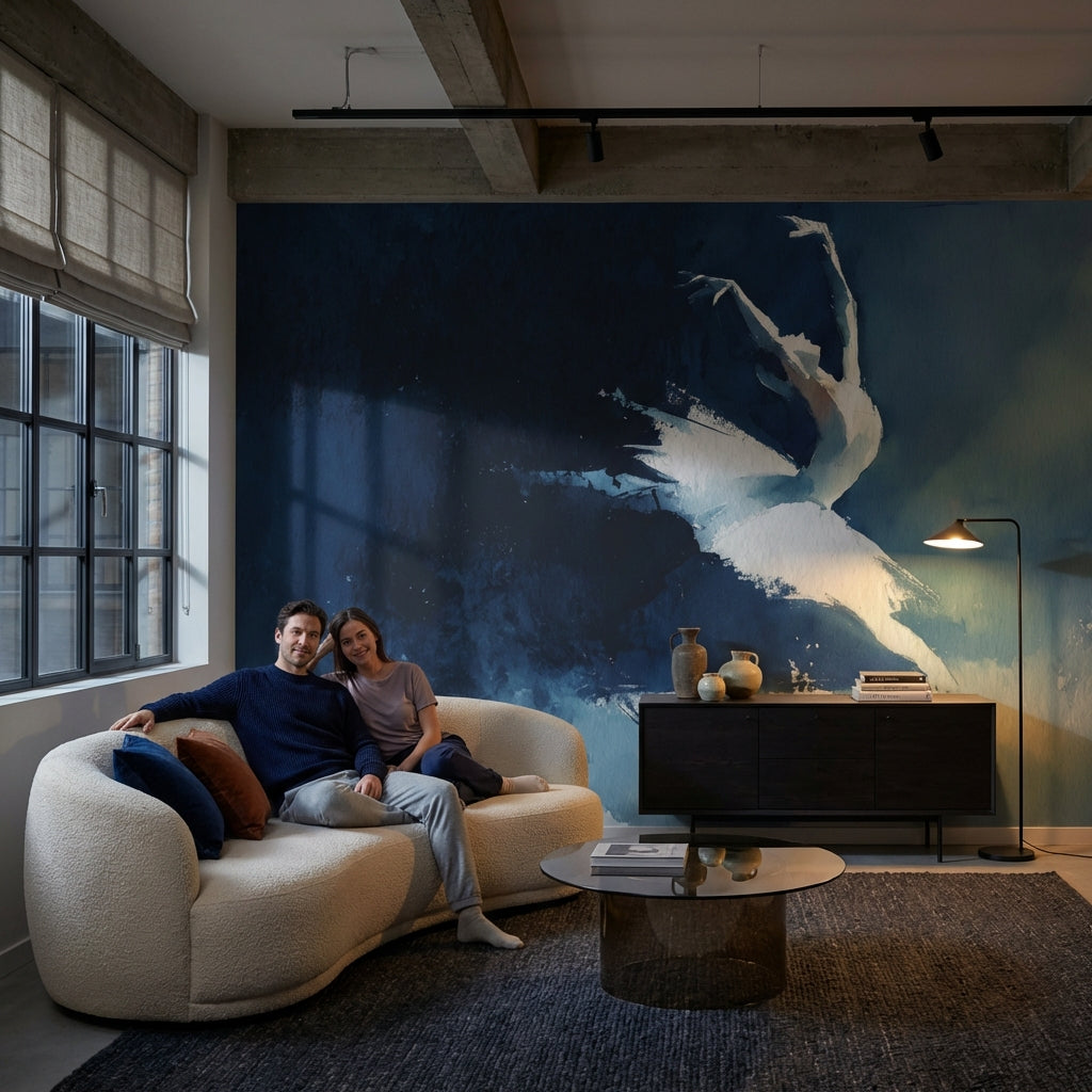 Lacivert Zeminli Soyut Kuğu Poster Duvar Kağıdı Salon