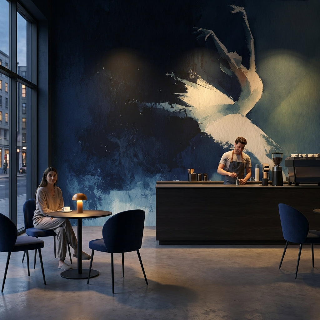 Lacivert Zeminli Soyut Kuğu Poster Duvar Kağıdı Salon