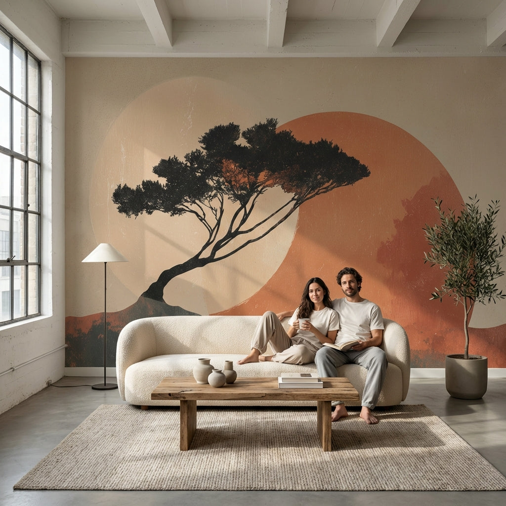 Gün Batımı Ağaç Siluetli Poster Duvar Kağıdı Modern Salon