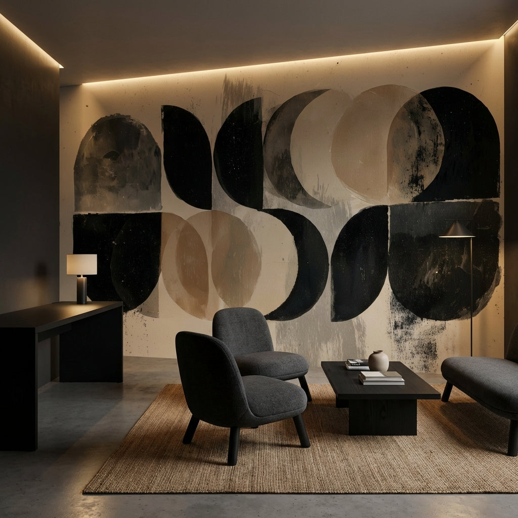 Soyut Geometrik Poster Duvar Kağıdı Siyah Bej Modern Ofis