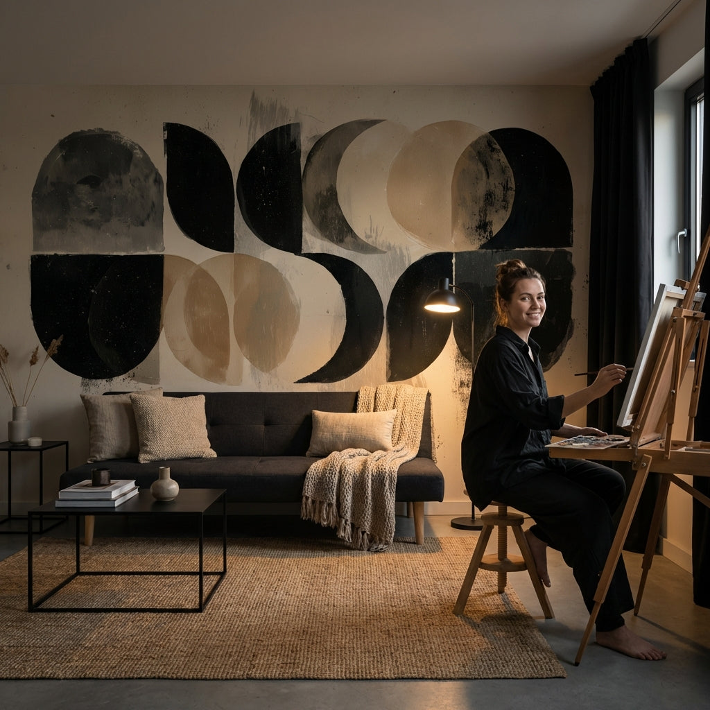 Soyut Geometrik Poster Duvar Kağıdı Siyah Bej Modern Ofis