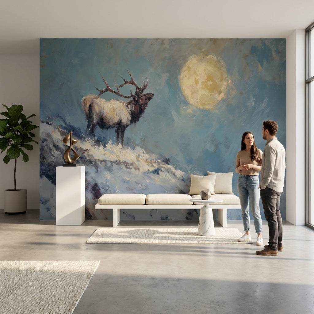 Ay Işığında Geyikli Poster Duvar Kağıdı Mavi Manzara