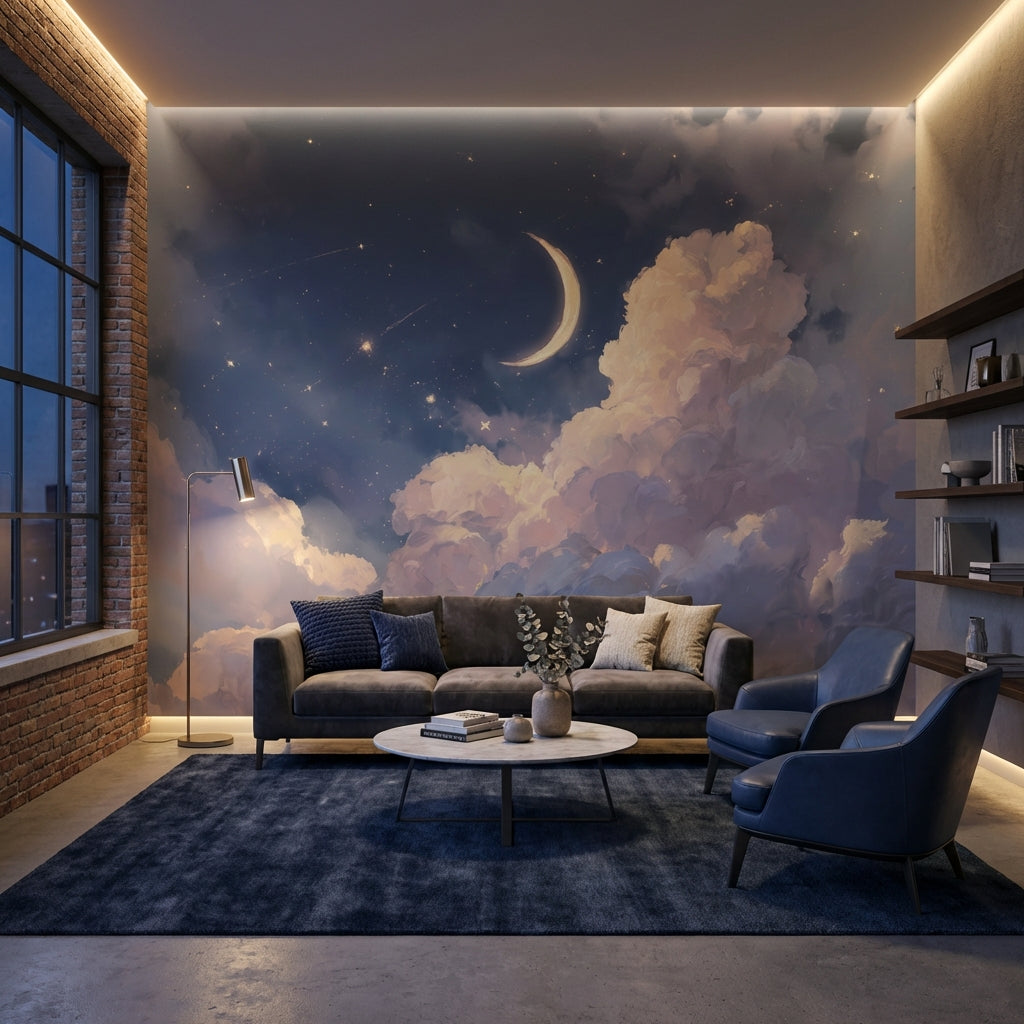 Bulutlu Gece Gökyüzü Poster Duvar Kağıdı Lacivert Salon