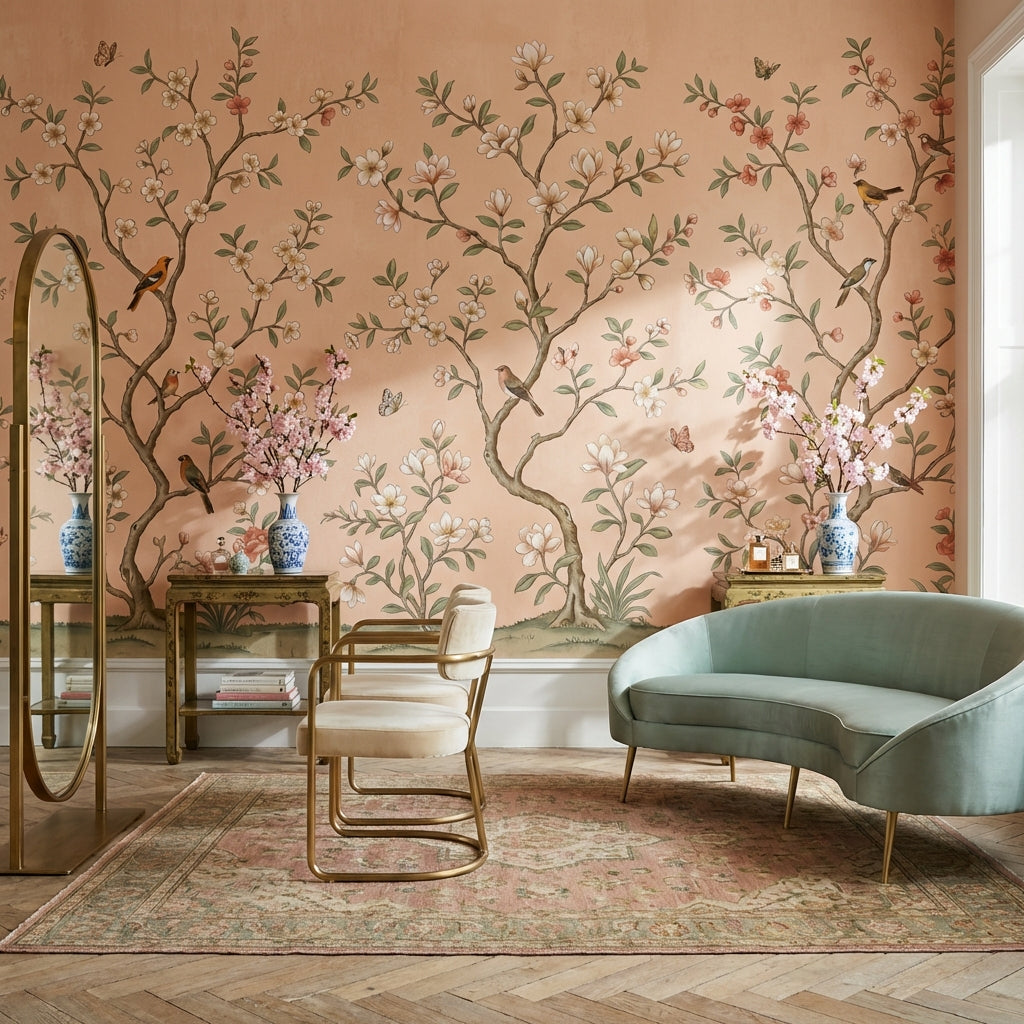 Çiçekli Kuşlu Poster Duvar Kağıdı Pudra Pembe Salon Duvarı