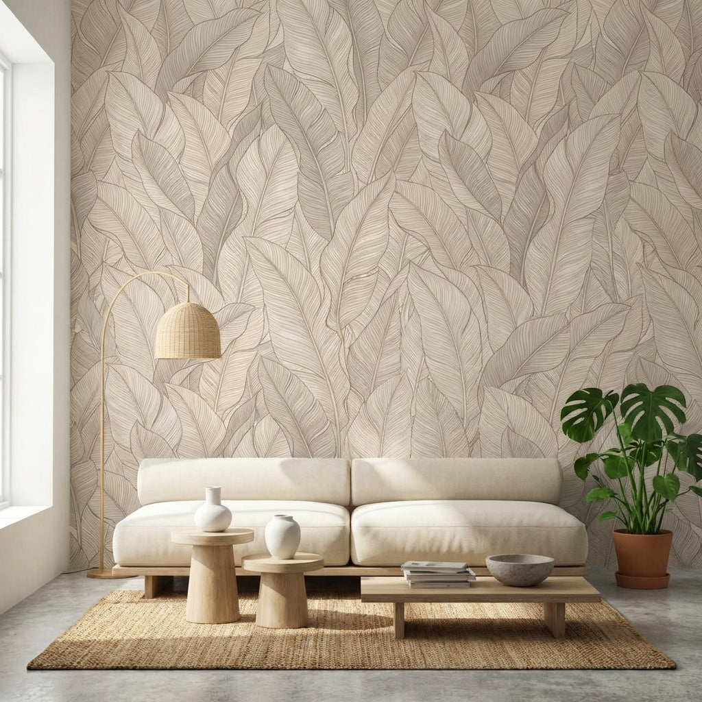 Bej Yaprak Desenli Poster Duvar Kağıdı Modern Salon Duvarı