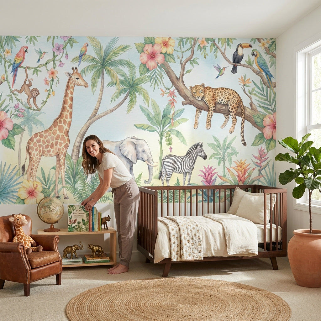 Safari Hayvanlı Poster Duvar Kağıdı Pastel Çocuk Odası Duvar Muralı