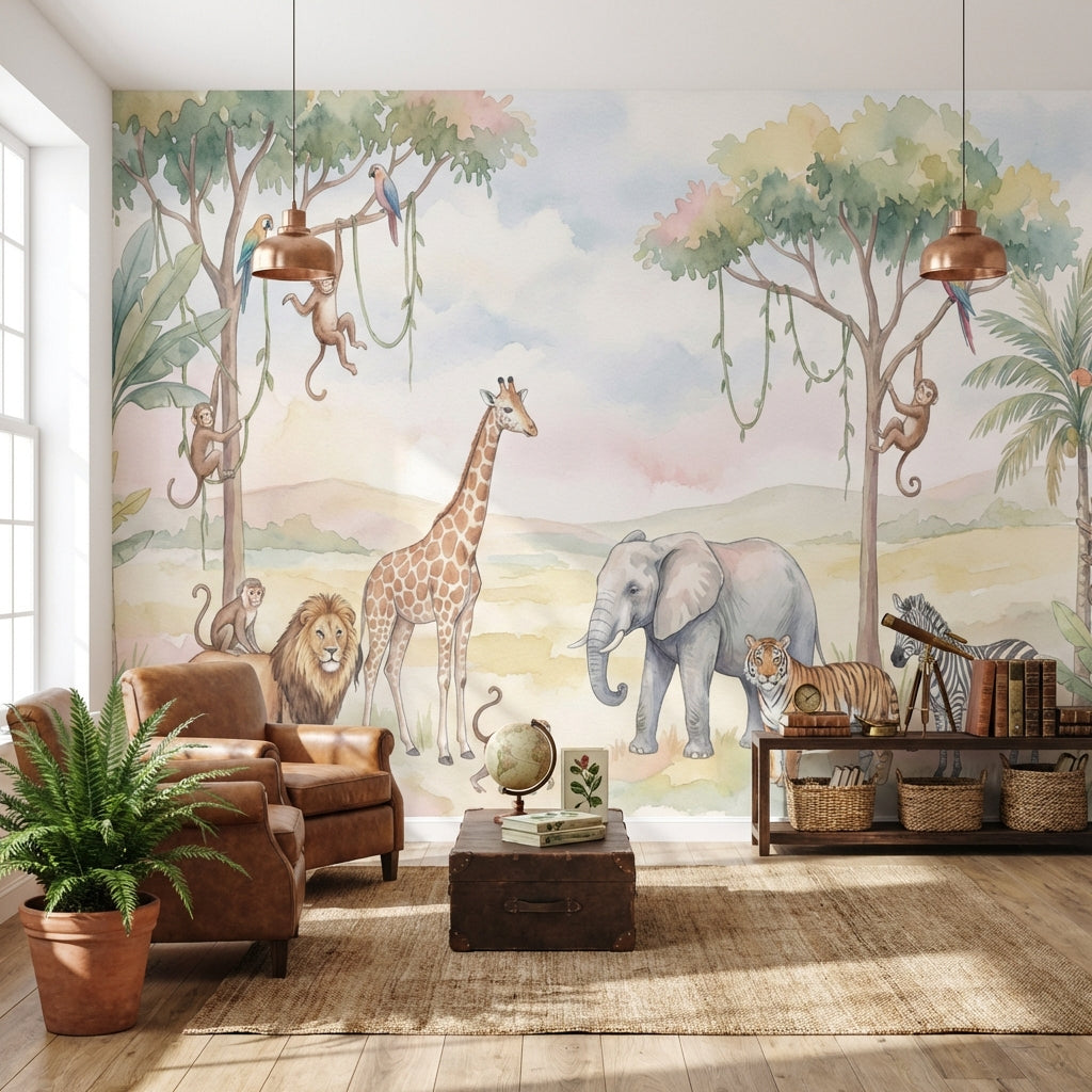 Safari Hayvanlı Poster Duvar Kağıdı Pastel Çocuk Odası Desenli