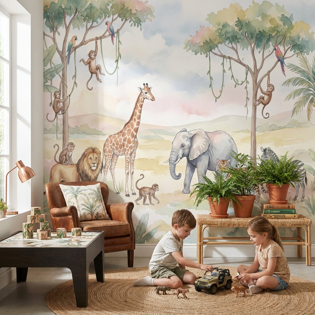 Safari Hayvanlı Poster Duvar Kağıdı Pastel Çocuk Odası Desenli