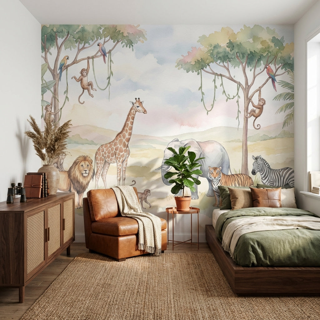 Safari Hayvanlı Poster Duvar Kağıdı Pastel Çocuk Odası Desenli