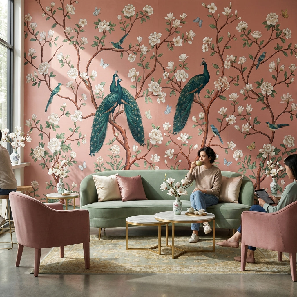 Tavus Kuşlu Çiçekli Poster Duvar Kağıdı Pudra Pembe Salon