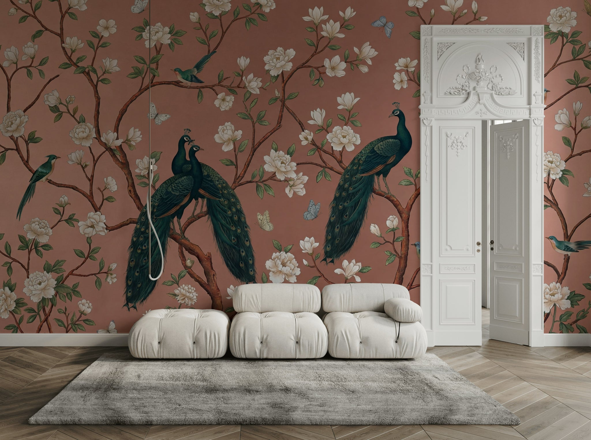 Tavus Kuşlu Çiçekli Poster Duvar Kağıdı Pudra Pembe Salon