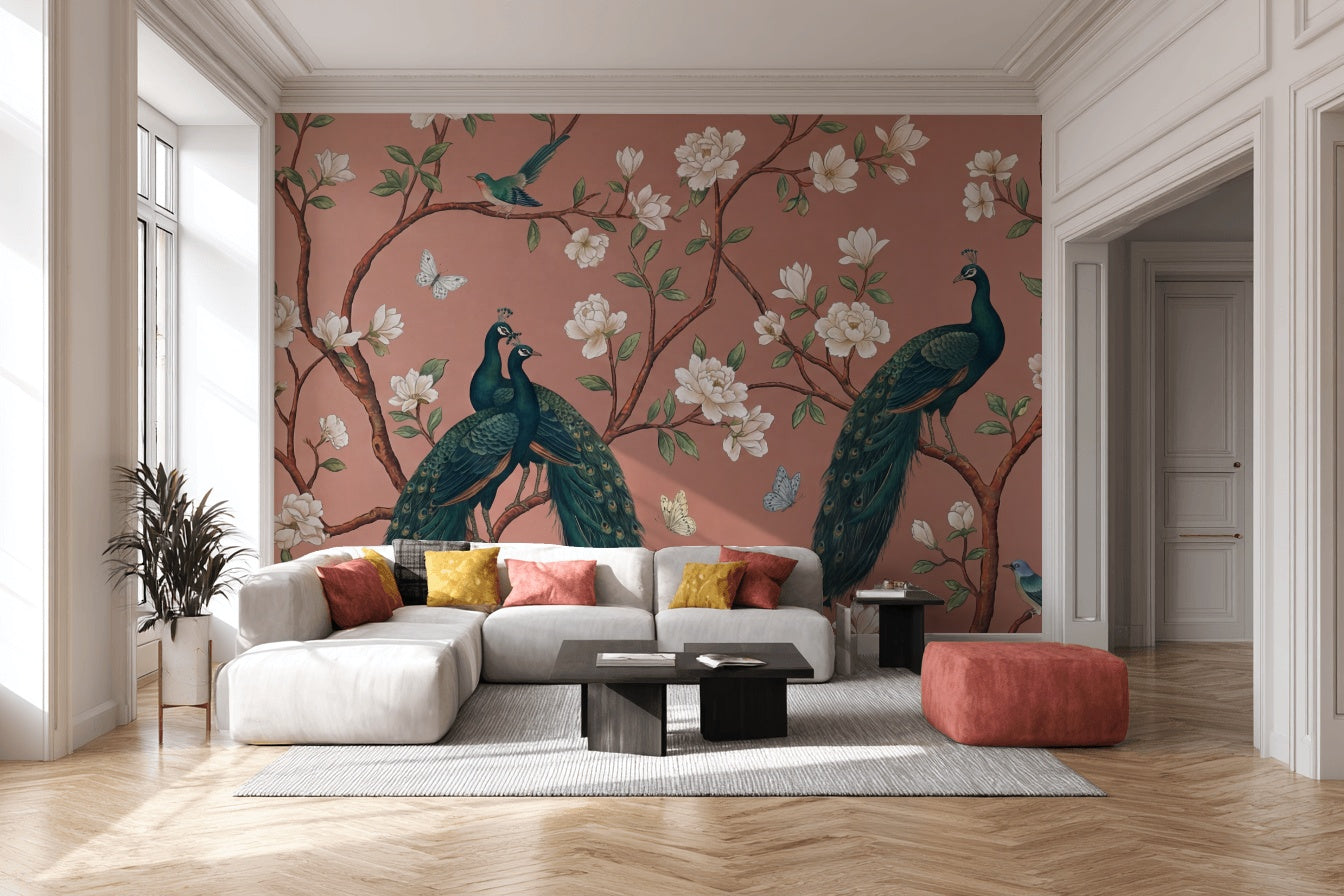 Tavus Kuşlu Çiçekli Poster Duvar Kağıdı Pudra Pembe Salon