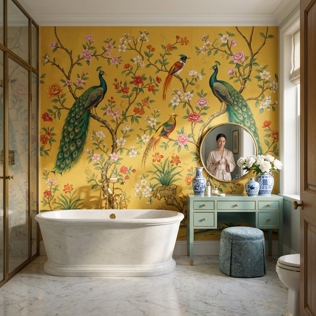 Tavus Kuşlu Çiçekli Poster Duvar Kağıdı Sarı Salon Duvarı