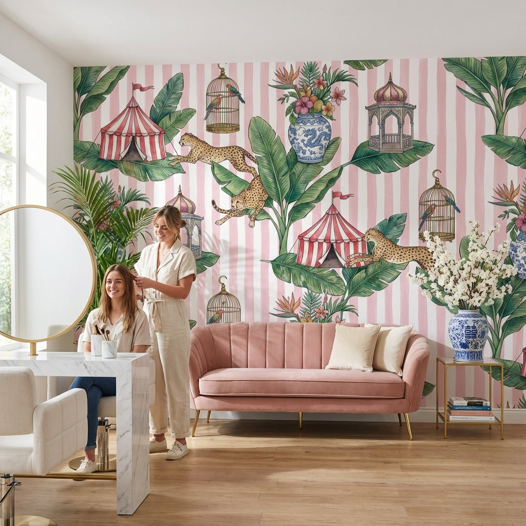 Tropikal Leoparlı Poster Duvar Kağıdı Pembe Çizgili Salon Dekoru