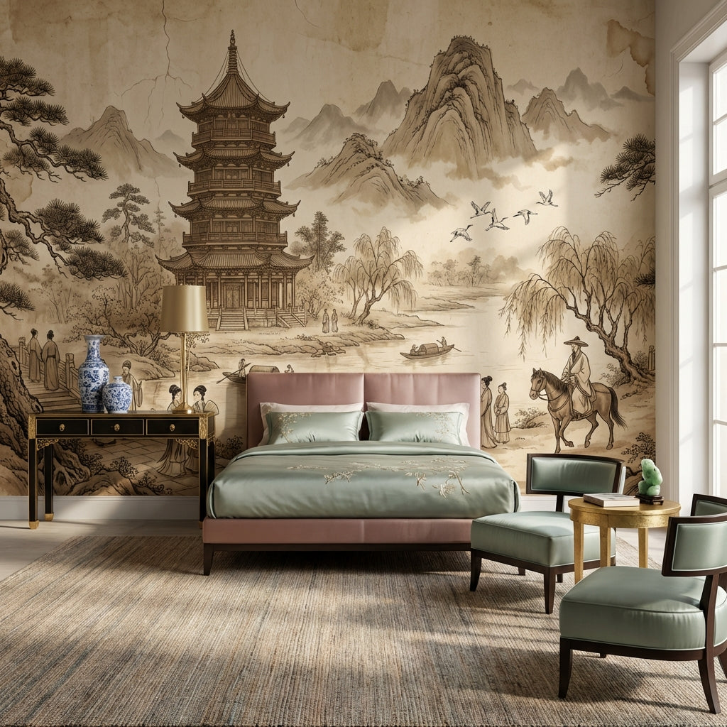 Uzak Doğu Pagoda Manzaralı Poster Duvar Kağıdı Bej Salon