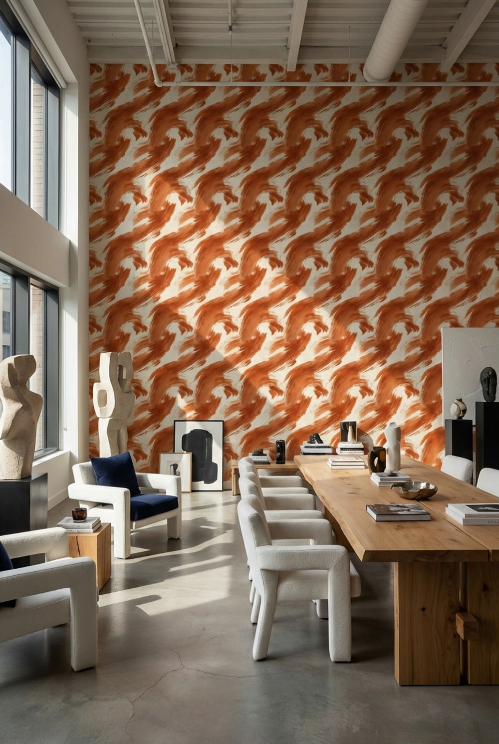 Turuncu Fırça Darbeli Soyut Duvar Kağıdı Modern Salon