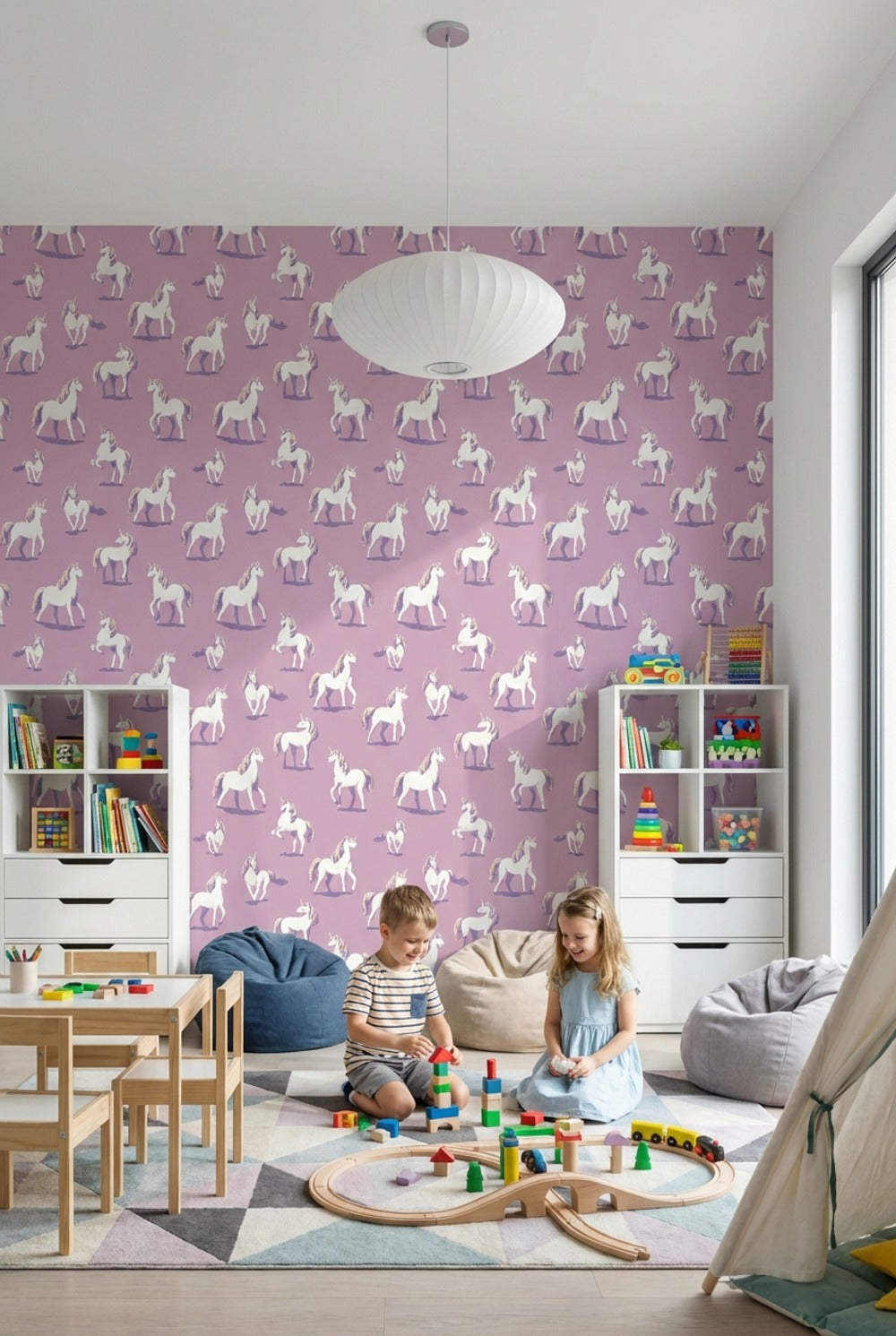 Unicorn Desenli Duvar Kağıdı Mor Zemin Çocuk Odası