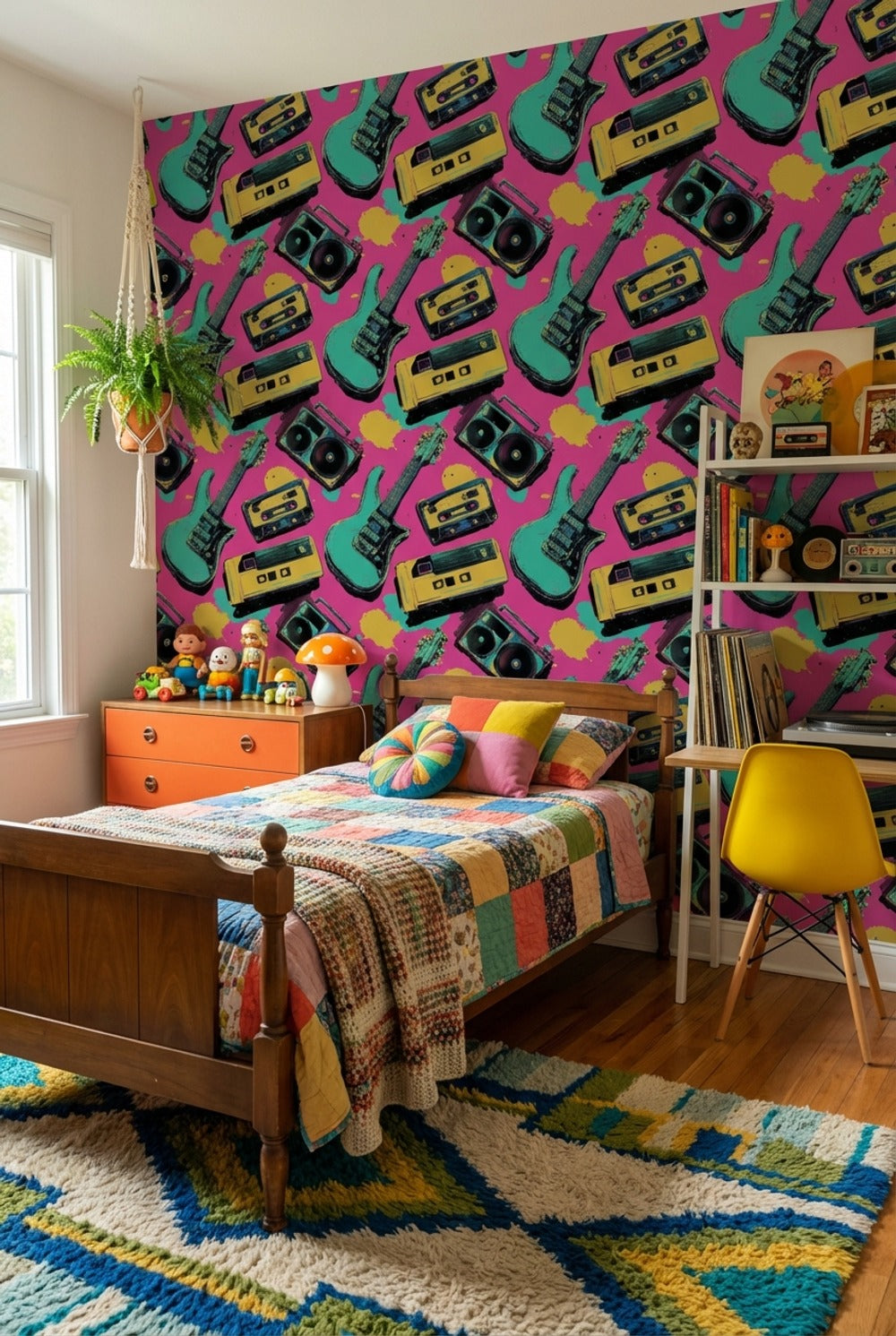 Retro Müzik Temalı Duvar Kağıdı Pembe Zemin Salon