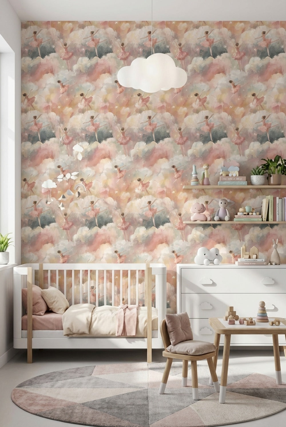 Balerinli Bulut Desenli Duvar Kağıdı Pastel Çocuk Odası