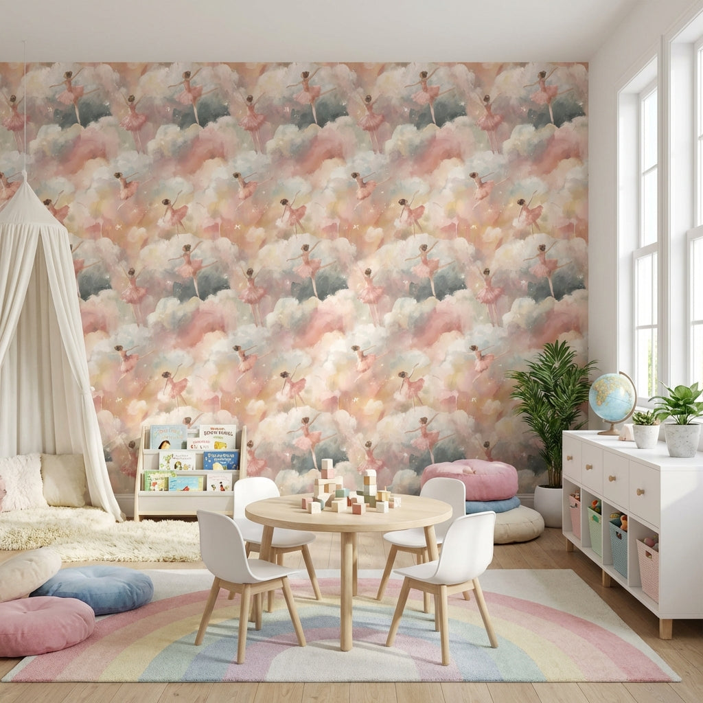 Balerinli Bulut Desenli Duvar Kağıdı Pastel Çocuk Odası