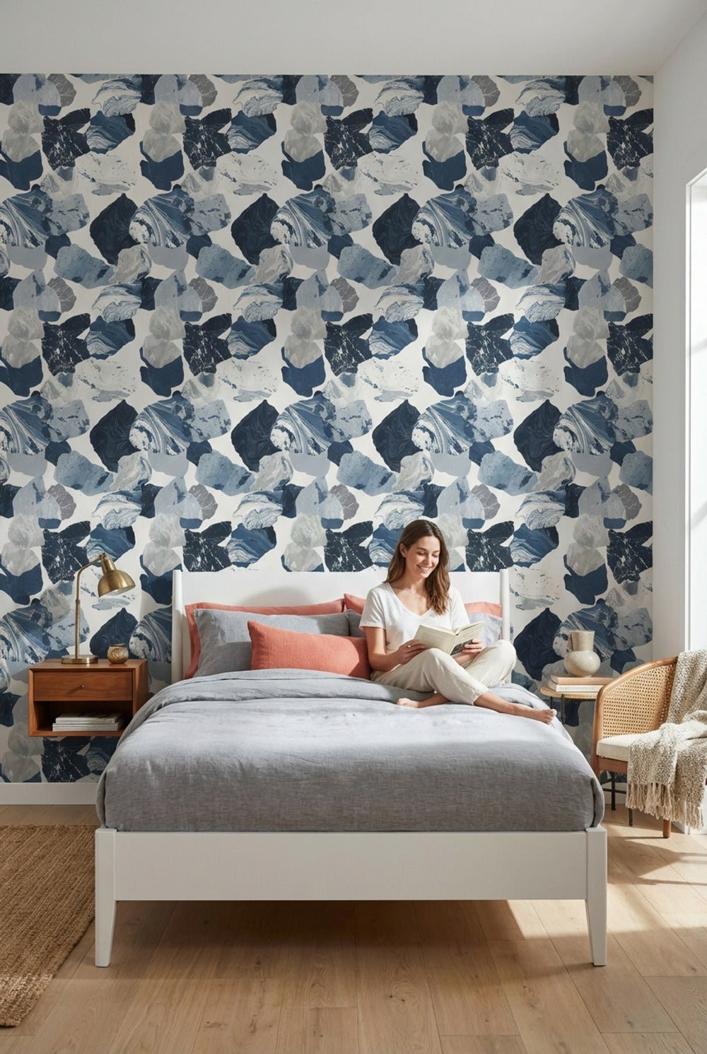 Mavi Gri Soyut Lekeli Duvar Kağıdı Modern Salon Deseni