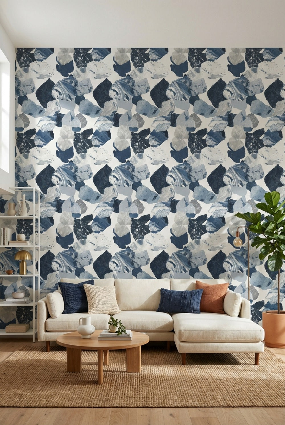 Mavi Gri Soyut Lekeli Duvar Kağıdı Modern Salon Deseni