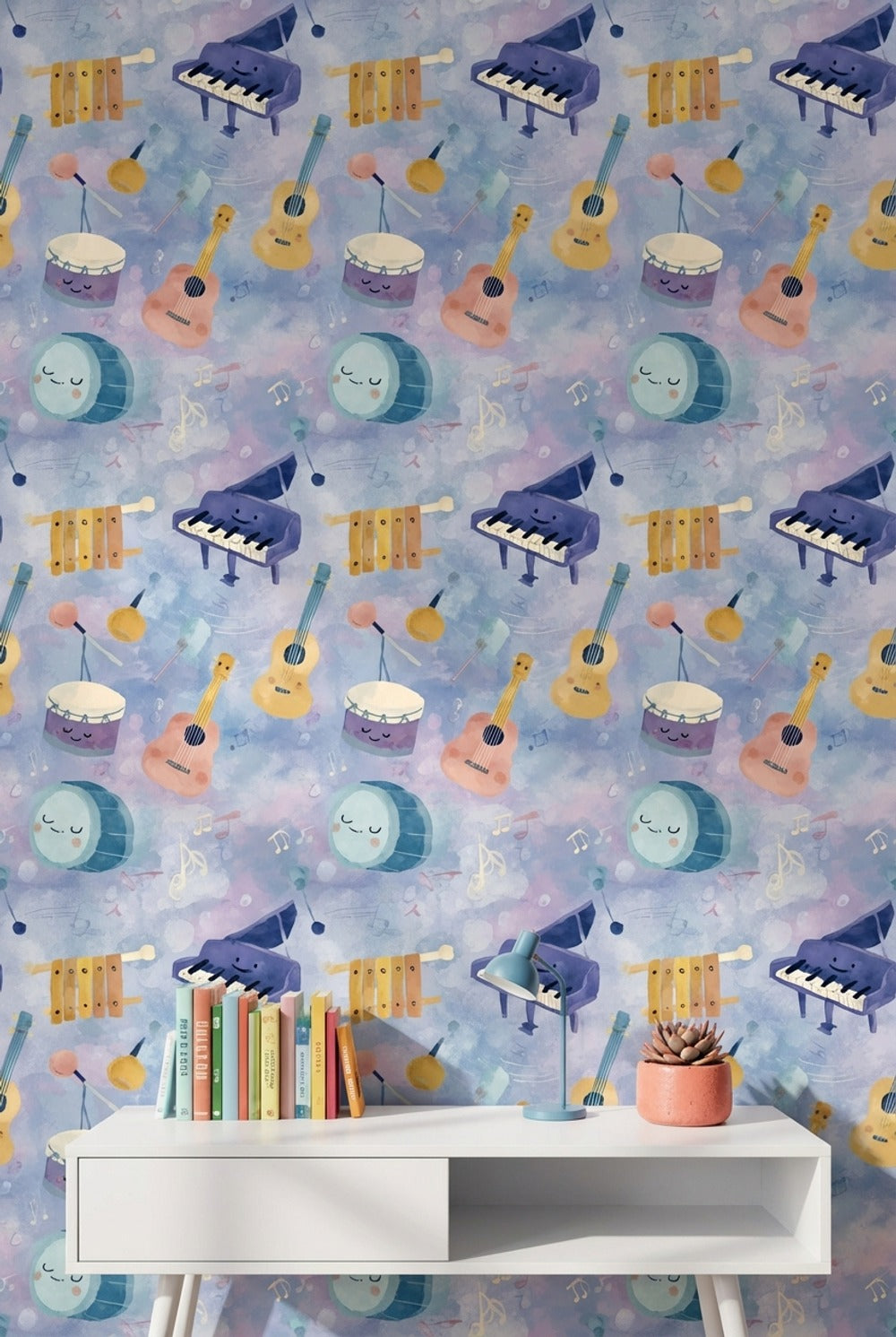 Müzik Enstrümanlı Duvar Kağıdı Pastel Mavi Çocuk Odası
