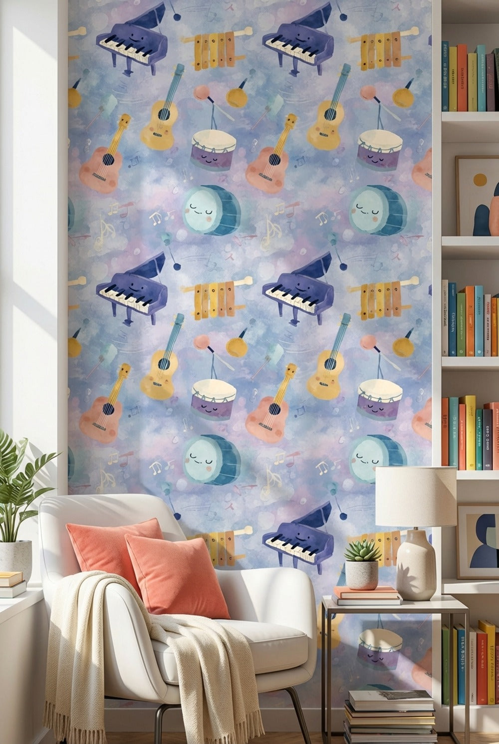 Müzik Enstrümanlı Duvar Kağıdı Pastel Mavi Çocuk Odası