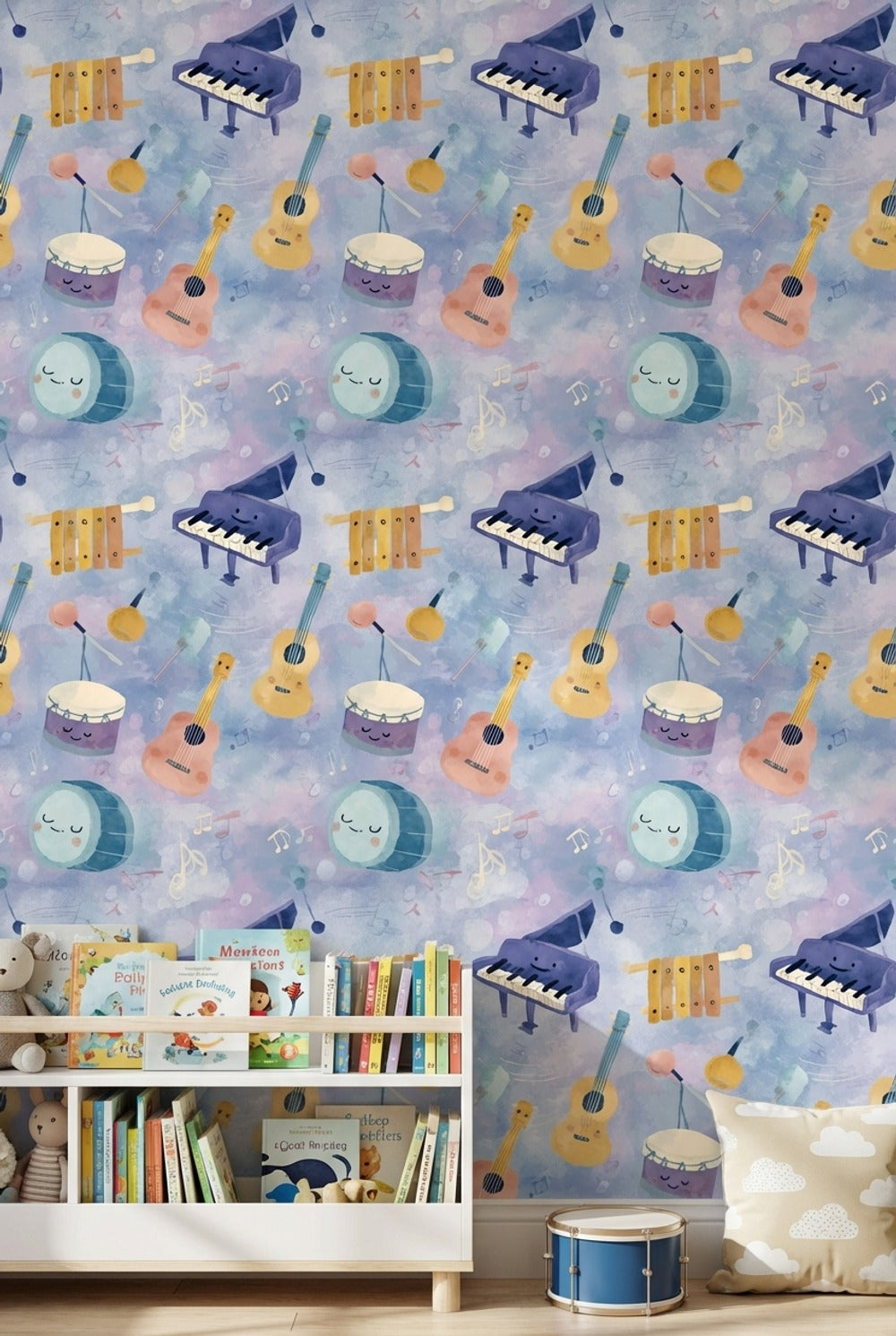 Müzik Enstrümanlı Duvar Kağıdı Pastel Mavi Çocuk Odası