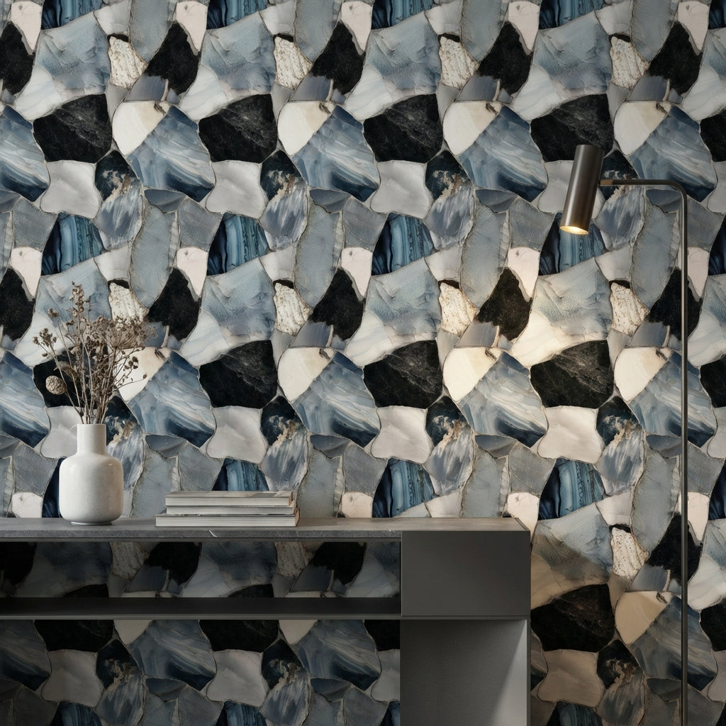 Mavi Mermer Görünümlü Duvar Kağıdı Modern Salon Desenli