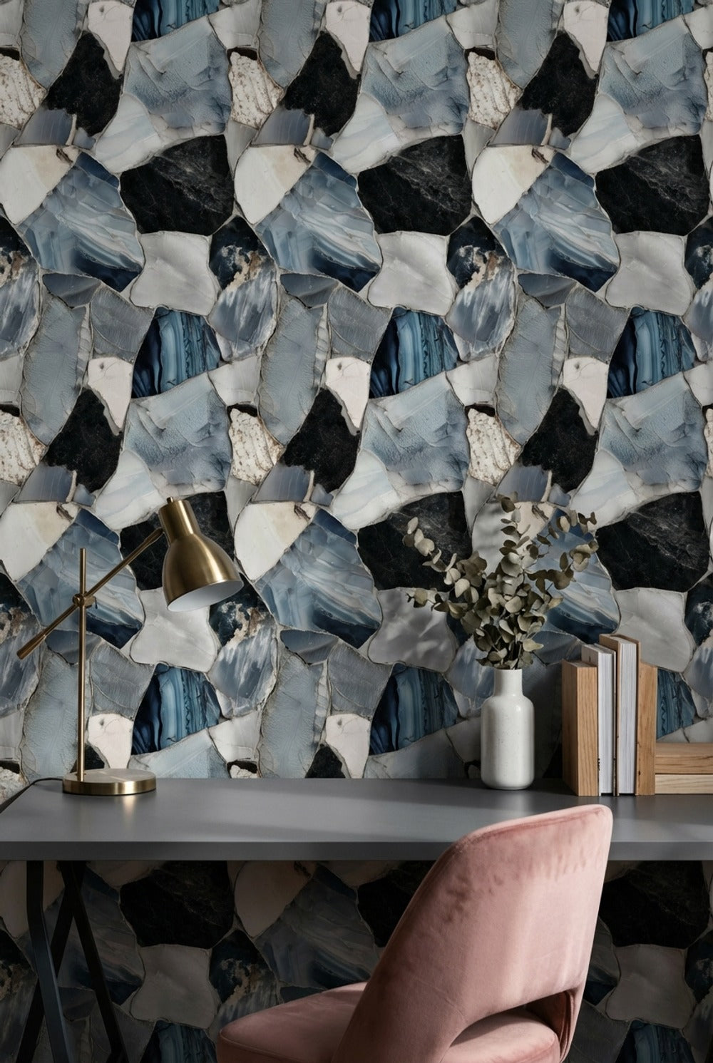 Mavi Mermer Görünümlü Duvar Kağıdı Modern Salon Desenli