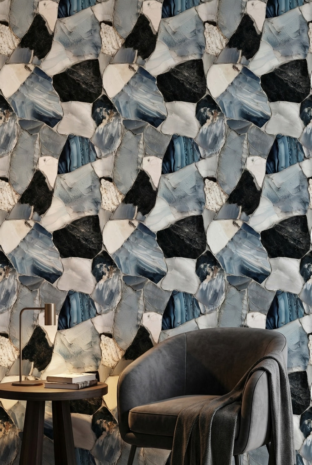 Mavi Mermer Görünümlü Duvar Kağıdı Modern Salon Desenli